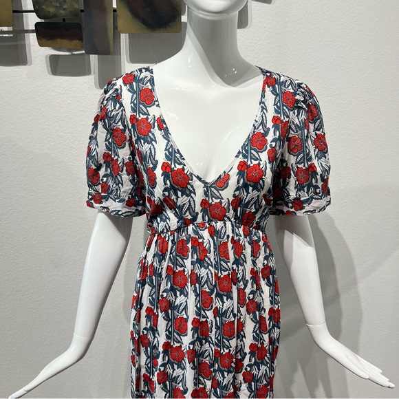 NWT J.Crew V-neck Maxi in Ivory Cerise Poppy Print Floral Cotton Tiered Dress - Picture 10 of 16